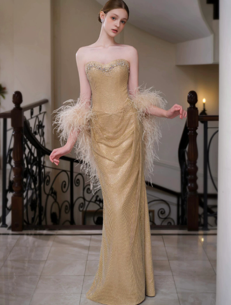 Beaded Feather Decor Bodycon Prom Gown , Golden Women's Maxi Evening Dress Party Dress RS2285