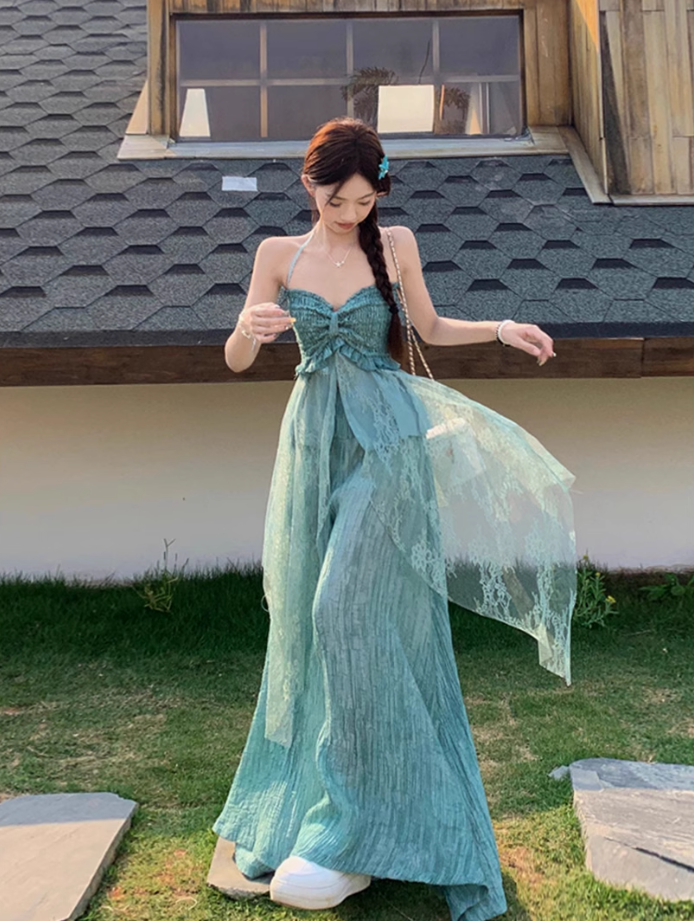 Fairy outfit: a halter neck tube top with small slings, mint green wide-leg pants, two-piece suit R1761