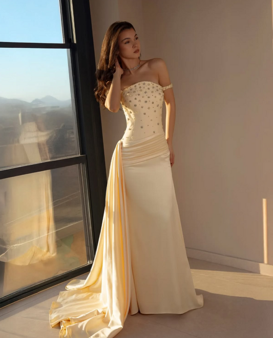 Beaded Silky Satin Bodycon Prom Gown , Ivory Women's Maxi Evening Dress Celebrity Dress RS2290
