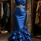 Dark blue strapless slim waist satin hip-hugging sexy ball gown R6084