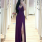 Purple halter-neck fitted long ball gown with slits and a sexy design R7891