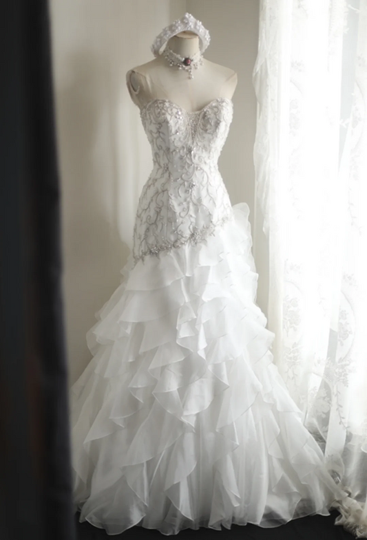 White strapless beaded fitted multi-layered long ball gown/bridal dress R6824