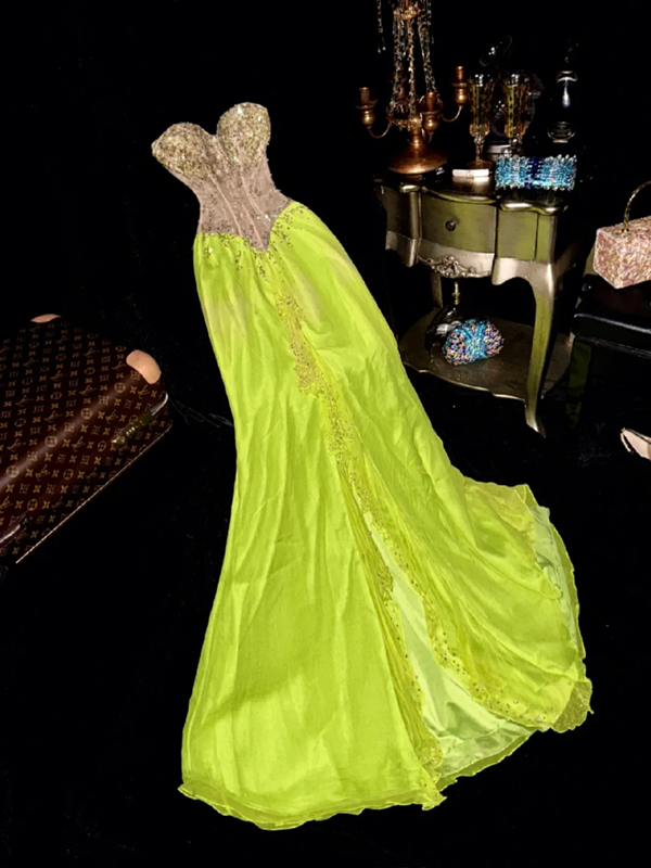 Green strapless fitted long ball gown R6944