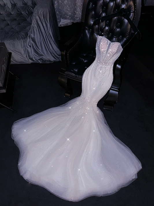 White halter-neck, fitted waist, bodycon skirt, sexy long ball gown, bridal dress R8781