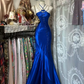 Blue halter-neck, fitted waist, bodycon fishtail skirt, long ball gown R7577