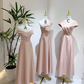 Light pink satin waist-cinched, slim-fit and figure-flattering ball gown, bridesmaid dress R5946