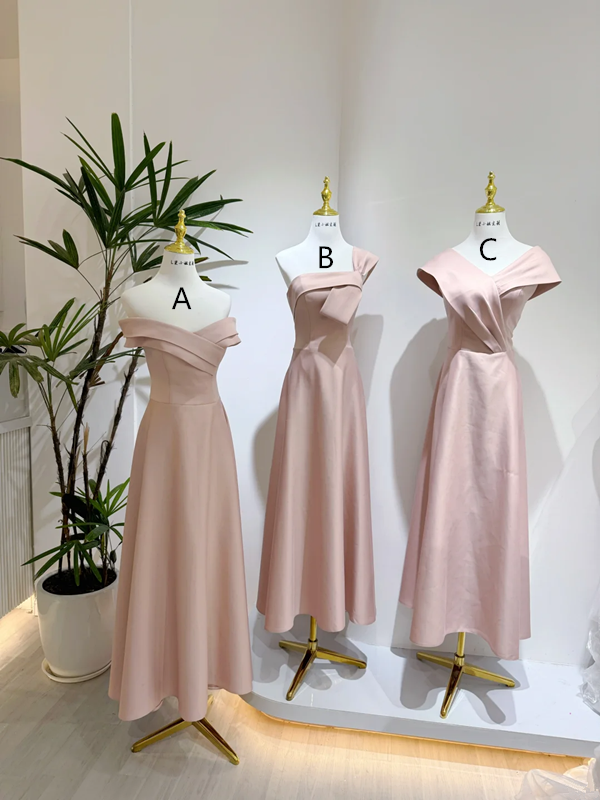 Light pink satin waist-cinched, slim-fit and figure-flattering ball gown, bridesmaid dress R5946