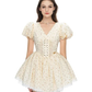 Apricot Puff Sleeve V-Neck Waist Slim Short Skirt Homecoming Dress R4811