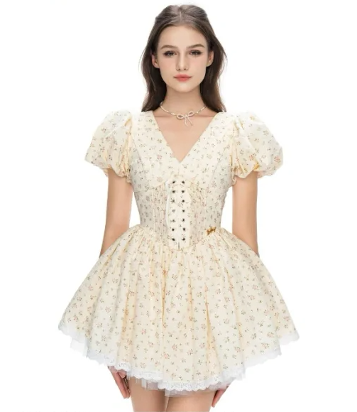 Apricot Puff Sleeve V-Neck Waist Slim Short Skirt Homecoming Dress R4811