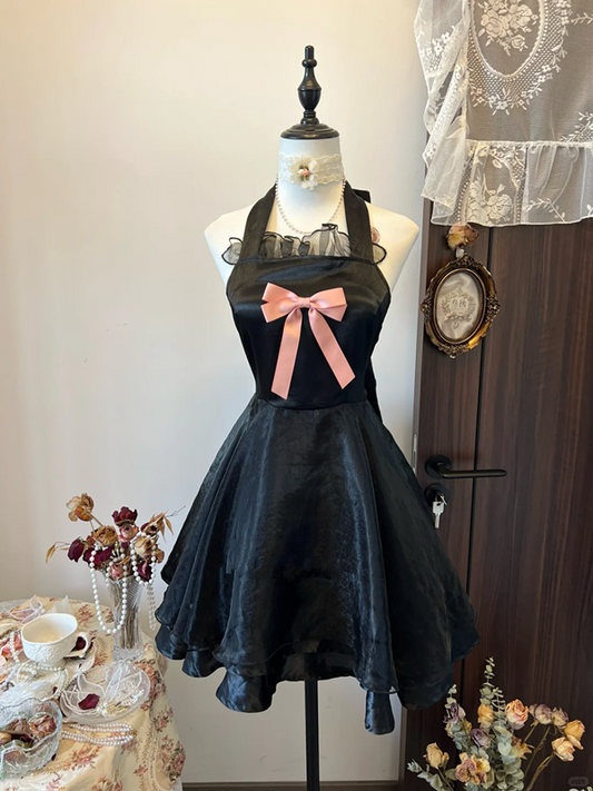 Black halter neck slim waist slim fit satin mini skirt homecoming dress R4283