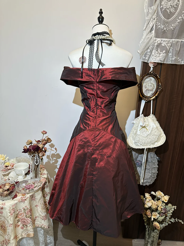 Dark red elegant temperament waist A-line slim short skirt homecoming dress R4241