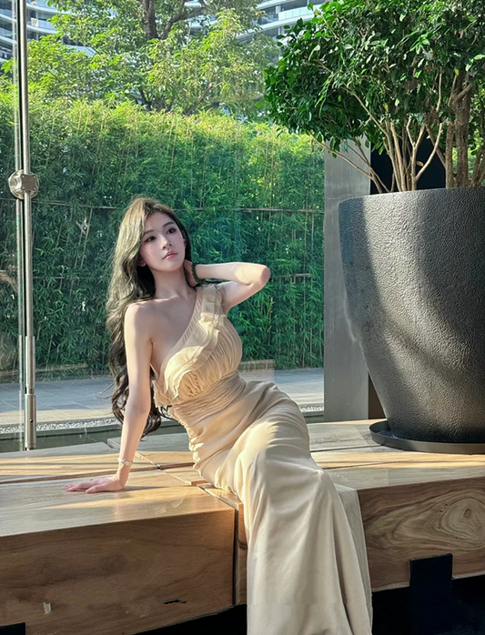 Apricot One-Shoulder Waist-Cinched Fitted Floor-Length Elegant Prom Dress R7104