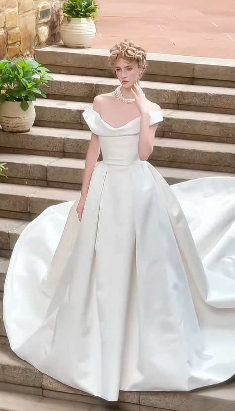 White one-shoulder slim waist elegant satin long dress bridal gown R5752
