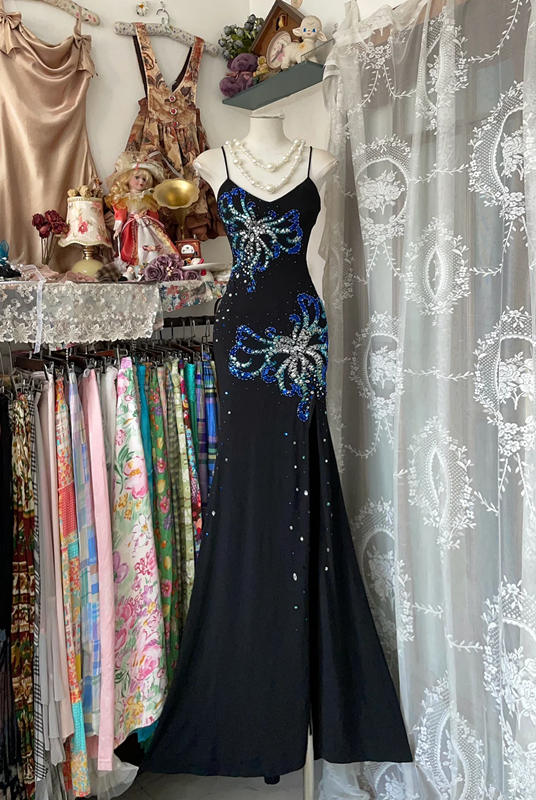 Black suspender sequined waist slim fishtail elegant long skirt ball gown R6145