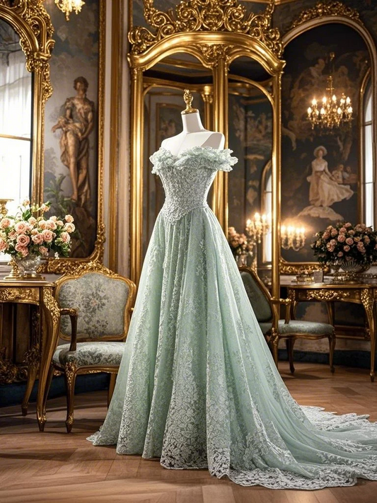 Light green off-shoulder fitted long ball gown R7217