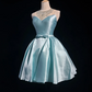 Lake blue round neck sheer diamond neckline waist slim fit princess short dress homecoming dress R4892