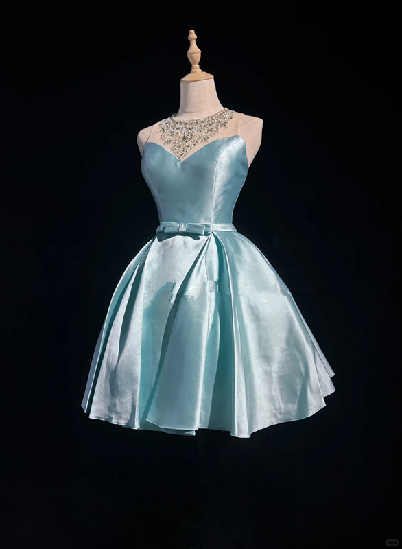 Lake blue round neck sheer diamond neckline waist slim fit princess short dress homecoming dress R4892