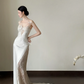 White spaghetti-strap cutout waist-cinched slim-fit backless sexy long prom gown R8010