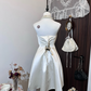 White satin tube top waist slim fit pleated long skirt homecoming dress R4363