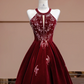 Red halter-neck, fitted waist, full skirt, long ball gown, bridal dress R8352