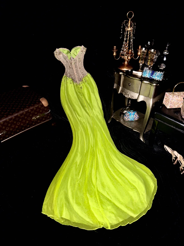 Green strapless fitted long ball gown R6944