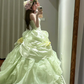 Light green strapless, fitted waist, full skirt, long ball gown R8841