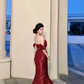 Red off-the-shoulder fitted waist sexy fishtail long ball gown R8131