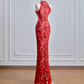 Red Chinese-style cheongsam with classic floral print, fitted waist and hip-hugging bodycon dress, ball gown, bridal gown R8209