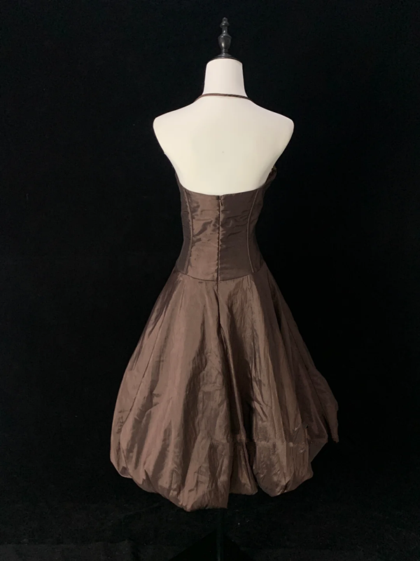 Gray-brown halter-neck fitted midi skirt ball gown R8692