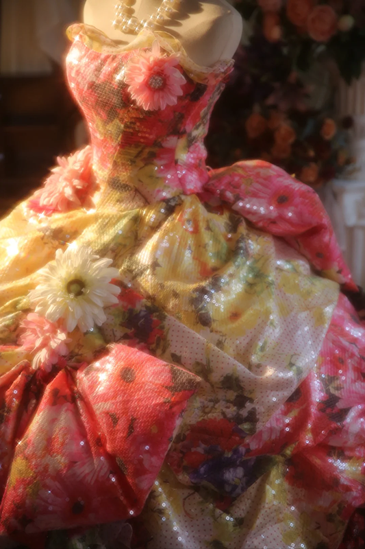 Pink retro floral strapless waist-cinching ball gown/bridal dress R7277