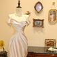 White halter-neck satin fitted waist pleated bodycon long wedding dress R6585
