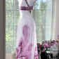 White dress with purple floral print, one-shoulder design, fitted waist, long ball gown R7620