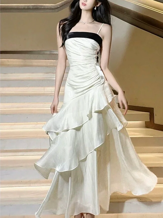 Elegant apricot-colored satin halter top with a fitted waist, pleated ruffled hem, long ball gown R6226