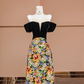 Black off-the-shoulder, fitted waist, sequined floral skirt, long ball gown R8385