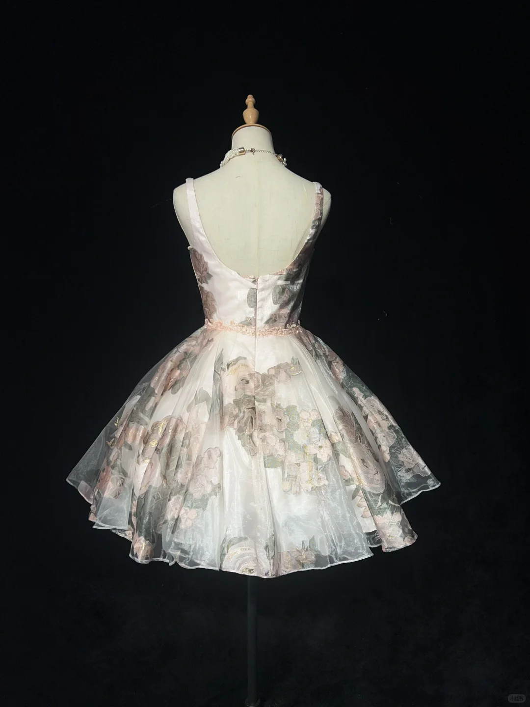Retro pink floral suspender waist puffy princess skirt homecoming dress R4973