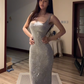 Silver sequined halter-neck fitted long sexy ball gown R7544
