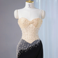Light apricot strapless fitted bodice with a black bodycon skirt, long ball gown, bridal dress R9021