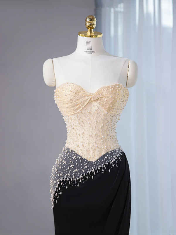 Light apricot strapless fitted bodice with a black bodycon skirt, long ball gown, bridal dress R9021
