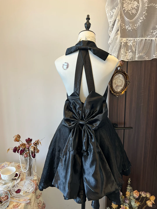 Black halter neck slim waist slim fit satin mini skirt homecoming dress R4283