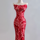 Red classic floral print strapless fitted waist slim hips sexy long ball gown R8179