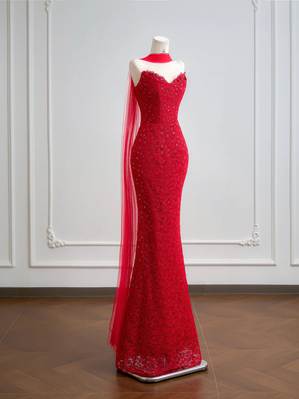 Red strapless lace fitted waist slim hip-hugging long sexy ball gown R8158