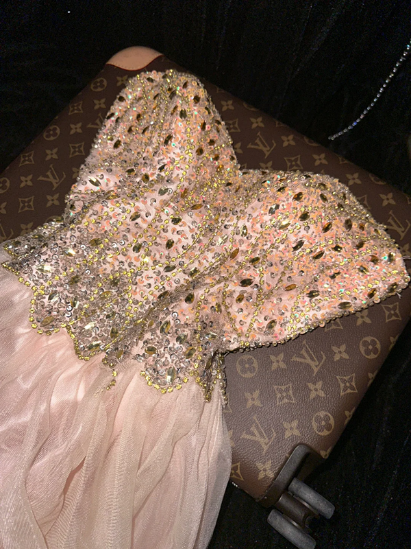 Light pink strapless rhinestone-embellished waist elegant fairy long ball gown R6904