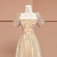 Apricot square neck fitted waist long ball gown R8410
