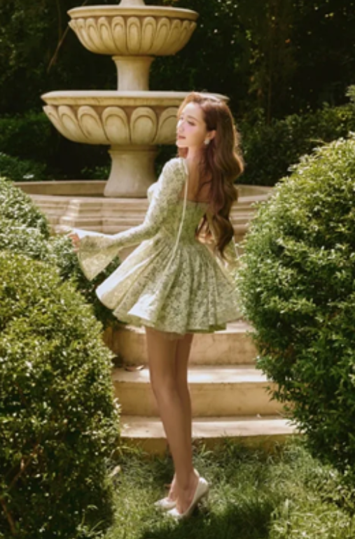 Green floral low-cut sexy waist slim A-line elegant fresh short skirt homecoming dress R4645