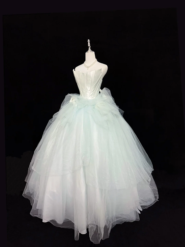 White strapless fitted bodice with light green tulle skirt, long ball gown R9051