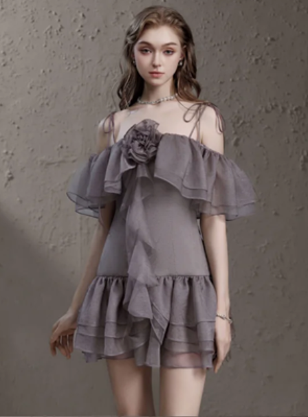 High-grade gray chiffon halter neck waist slim fit ruffled skirt short homecoming dress R4685