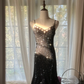 Black halter-neck fitted midi ball gown with rhinestone embellishments R7740