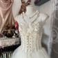 White halter-neck fitted tiered maxi dress, ball gown R6305