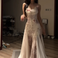 White dress with pink floral print, halter neck, fitted waist, bodycon fishtail skirt, ball gown R8094