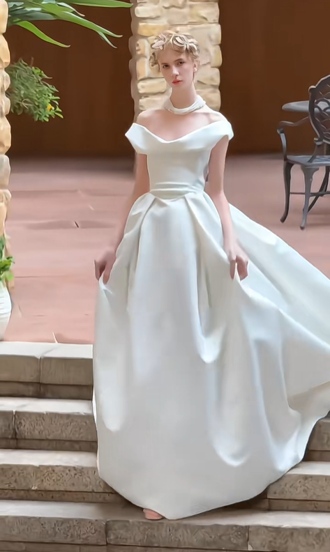 White one-shoulder slim waist elegant satin long dress bridal gown R5752